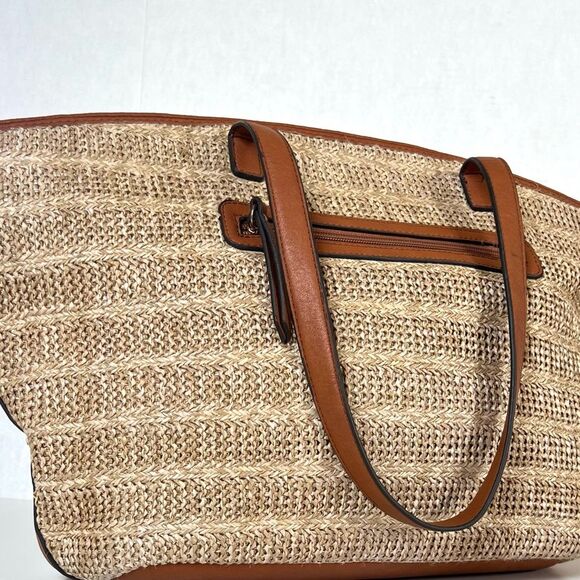 Jessica Simpson Lacey Straw Faux Leather Boho Beachy Tote Bag In Natural - Picture 4 of 14